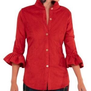 Gretchen Scott Faux Suede Priss Ruffle Sleeve Top in Red Size Small